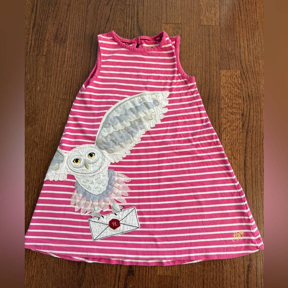Mini Boden Harry Potter Hedwig Pink and White Striped Dress 7/8